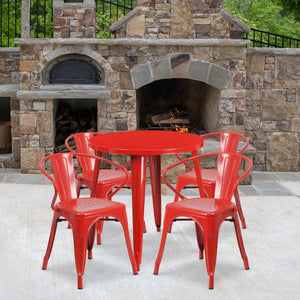 English Elm Cory Commercial-Grade Indoor-Outdoor Table Set with 4 Bistro Arm Chairs for Stylish Dining Spaces Red 30" Round CH-51090TH-4-18ARM-RED-GG