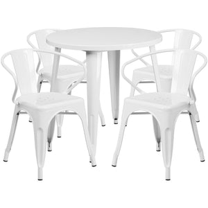 English Elm Cory Commercial-Grade Indoor-Outdoor Table Set with 4 Bistro Arm Chairs for Stylish Dining Spaces White 30" Round CH-51090TH-4-18ARM-WH-GG
