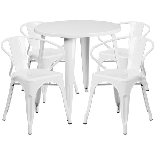 English Elm Cory Commercial-Grade Indoor-Outdoor Table Set with 4 Bistro Arm Chairs for Stylish Dining Spaces White 30" Round CH-51090TH-4-18ARM-WH-GG