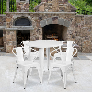 English Elm Cory Commercial-Grade Indoor-Outdoor Table Set with 4 Bistro Arm Chairs for Stylish Dining Spaces White 30" Round CH-51090TH-4-18ARM-WH-GG