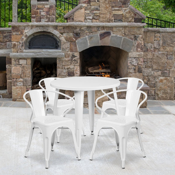 English Elm Cory Commercial-Grade Indoor-Outdoor Table Set with 4 Bistro Arm Chairs for Stylish Dining Spaces White 30" Round CH-51090TH-4-18ARM-WH-GG