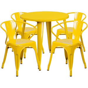English Elm Cory Commercial-Grade Indoor-Outdoor Table Set with 4 Bistro Arm Chairs for Stylish Dining Spaces Yellow 30" Round CH-51090TH-4-18ARM-YL-GG