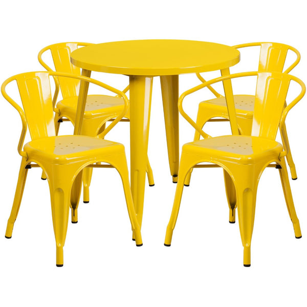 English Elm Cory Commercial-Grade Indoor-Outdoor Table Set with 4 Bistro Arm Chairs for Stylish Dining Spaces Yellow 30" Round CH-51090TH-4-18ARM-YL-GG