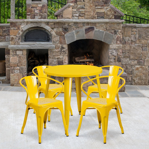 English Elm Cory Commercial-Grade Indoor-Outdoor Table Set with 4 Bistro Arm Chairs for Stylish Dining Spaces Yellow 30" Round CH-51090TH-4-18ARM-YL-GG