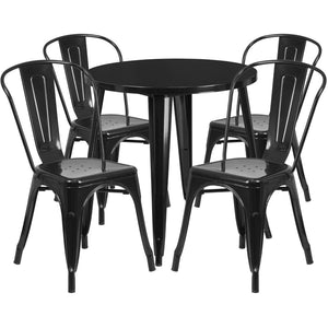 English Elm Dalton 5-Piece Bistro Set with Sturdy Metal Table and Stackable Chairs for Indoor-Outdoor Dining Black 30" Round CH-51090TH-4-18CAFE-BK-GG