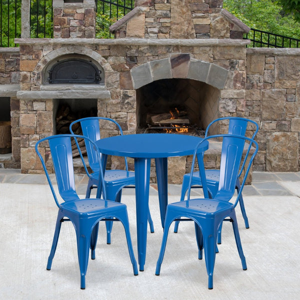 English Elm Dalton 5-Piece Bistro Set with Sturdy Metal Table and Stackable Chairs for Indoor-Outdoor Dining Blue 30" Round CH-51090TH-4-18CAFE-BL-GG