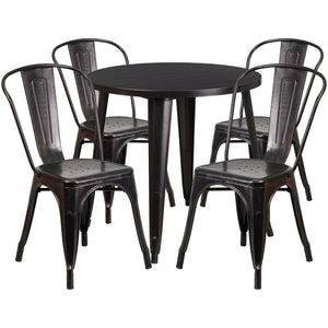 English Elm Dalton 5-Piece Bistro Set with Sturdy Metal Table and Stackable Chairs for Indoor-Outdoor Dining Black-Antique Gold 30" Round CH-51090TH-4-18CAFE-BQ-GG