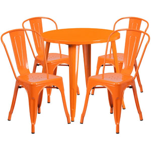 English Elm Dalton 5-Piece Bistro Set with Sturdy Metal Table and Stackable Chairs for Indoor-Outdoor Dining Orange 30" Round CH-51090TH-4-18CAFE-OR-GG