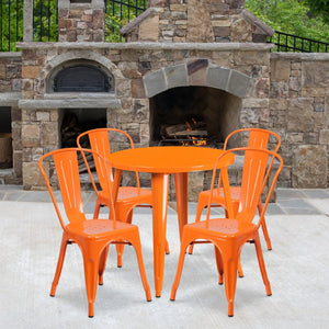 English Elm Dalton 5-Piece Bistro Set with Sturdy Metal Table and Stackable Chairs for Indoor-Outdoor Dining Orange 30" Round CH-51090TH-4-18CAFE-OR-GG