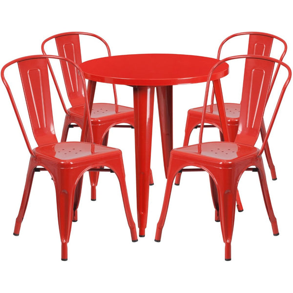 English Elm Dalton 5-Piece Bistro Set with Sturdy Metal Table and Stackable Chairs for Indoor-Outdoor Dining Red 30" Round CH-51090TH-4-18CAFE-RED-GG