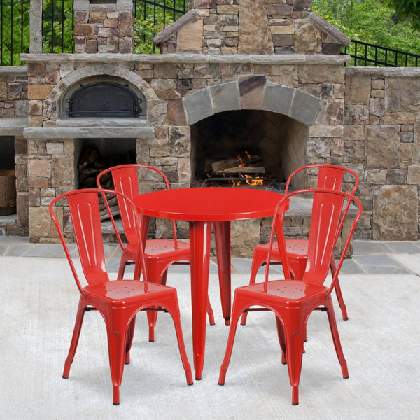 English Elm Dalton 5-Piece Bistro Set with Sturdy Metal Table and Stackable Chairs for Indoor-Outdoor Dining Red 30" Round CH-51090TH-4-18CAFE-RED-GG