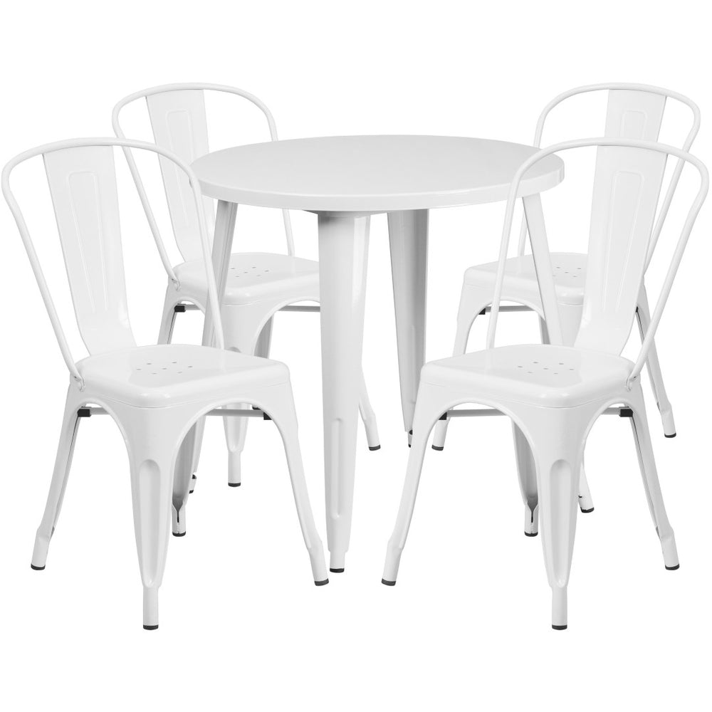 English Elm Dalton 5-Piece Bistro Set with Sturdy Metal Table and Stackable Chairs for Indoor-Outdoor Dining White 30" Round CH-51090TH-4-18CAFE-WH-GG