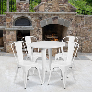 English Elm Dalton 5-Piece Bistro Set with Sturdy Metal Table and Stackable Chairs for Indoor-Outdoor Dining White 30" Round CH-51090TH-4-18CAFE-WH-GG