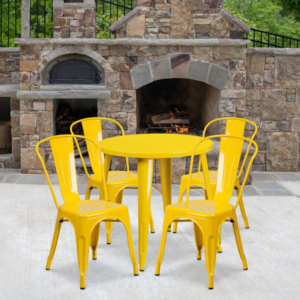 English Elm Dalton 5-Piece Bistro Set with Sturdy Metal Table and Stackable Chairs for Indoor-Outdoor Dining Yellow 30" Round CH-51090TH-4-18CAFE-YL-GG
