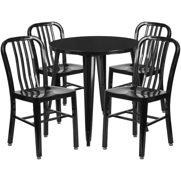 English Elm Chad Commercial Grade Metal Indoor-Outdoor Table Set with 4 Stylish Vertical Slat Back Chairs Black 30" Round CH-51090TH-4-18VRT-BK-GG