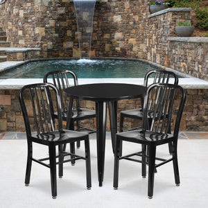 English Elm Chad Commercial Grade Metal Indoor-Outdoor Table Set with 4 Stylish Vertical Slat Back Chairs Black 30" Round CH-51090TH-4-18VRT-BK-GG