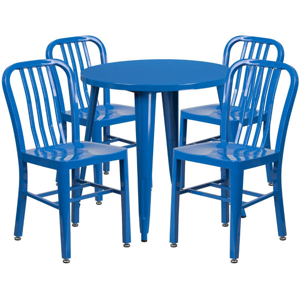 English Elm Chad Commercial Grade Metal Indoor-Outdoor Table Set with 4 Stylish Vertical Slat Back Chairs Blue 30" Round CH-51090TH-4-18VRT-BL-GG