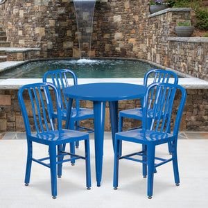 English Elm Chad Commercial Grade Metal Indoor-Outdoor Table Set with 4 Stylish Vertical Slat Back Chairs Blue 30" Round CH-51090TH-4-18VRT-BL-GG