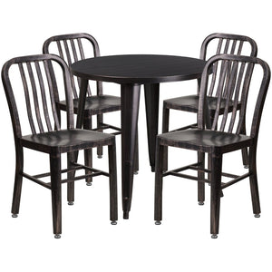 English Elm Chad Commercial Grade Metal Indoor-Outdoor Table Set with 4 Stylish Vertical Slat Back Chairs Black-Antique Gold 30" Round CH-51090TH-4-18VRT-BQ-GG