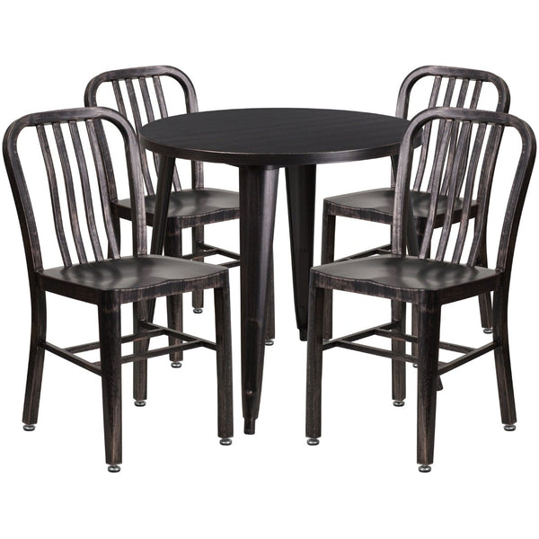 English Elm Chad Commercial Grade Metal Indoor-Outdoor Table Set with 4 Stylish Vertical Slat Back Chairs Black-Antique Gold 30" Round CH-51090TH-4-18VRT-BQ-GG