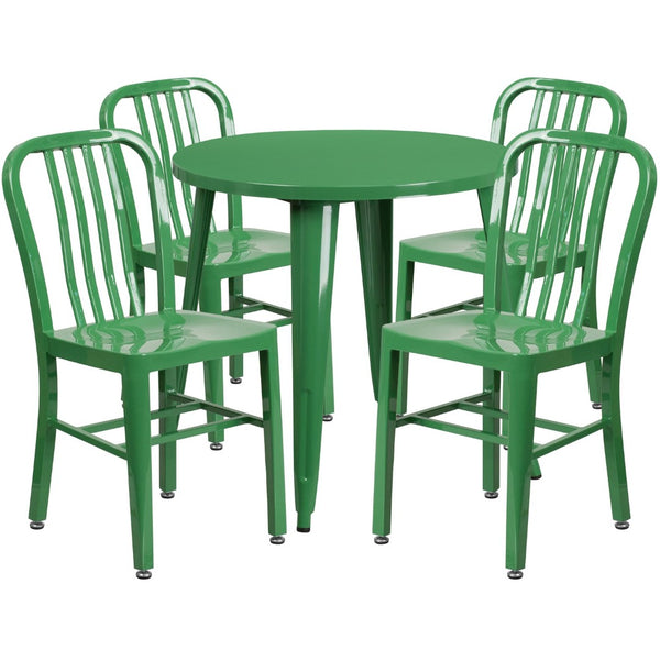 English Elm Chad Commercial Grade Metal Indoor-Outdoor Table Set with 4 Stylish Vertical Slat Back Chairs Green 30" Round CH-51090TH-4-18VRT-GN-GG