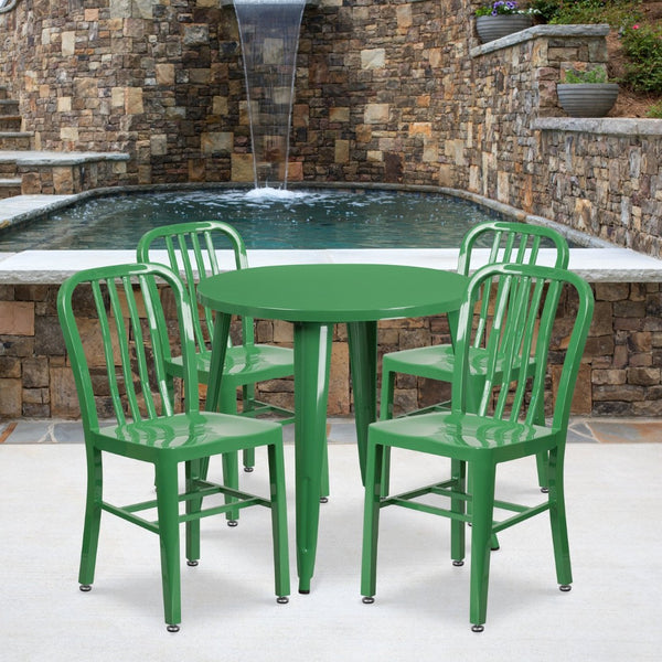 English Elm Chad Commercial Grade Metal Indoor-Outdoor Table Set with 4 Stylish Vertical Slat Back Chairs Green 30" Round CH-51090TH-4-18VRT-GN-GG