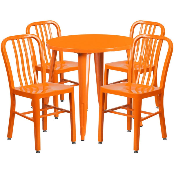 English Elm Chad Commercial Grade Metal Indoor-Outdoor Table Set with 4 Stylish Vertical Slat Back Chairs Orange 30" Round CH-51090TH-4-18VRT-OR-GG