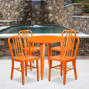 English Elm Chad Commercial Grade Metal Indoor-Outdoor Table Set with 4 Stylish Vertical Slat Back Chairs Orange 30" Round CH-51090TH-4-18VRT-OR-GG
