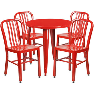 English Elm Chad Commercial Grade Metal Indoor-Outdoor Table Set with 4 Stylish Vertical Slat Back Chairs Red 30" Round CH-51090TH-4-18VRT-RED-GG