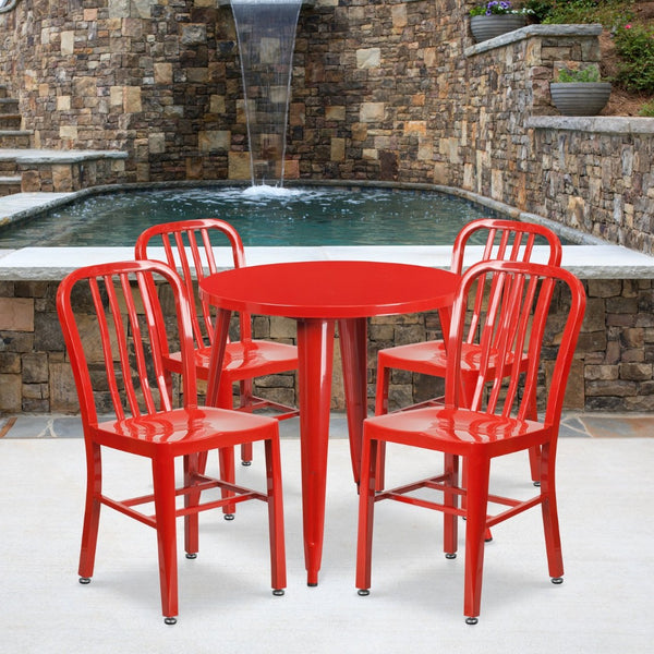 English Elm Chad Commercial Grade Metal Indoor-Outdoor Table Set with 4 Stylish Vertical Slat Back Chairs Red 30" Round CH-51090TH-4-18VRT-RED-GG