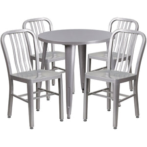 English Elm Chad Commercial Grade Metal Indoor-Outdoor Table Set with 4 Stylish Vertical Slat Back Chairs Silver 30" Round CH-51090TH-4-18VRT-SIL-GG
