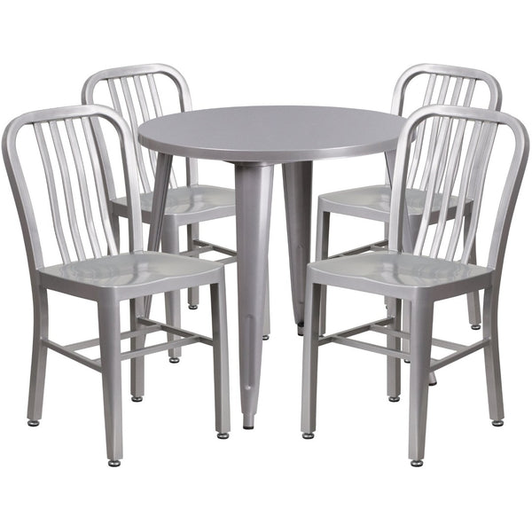 English Elm Chad Commercial Grade Metal Indoor-Outdoor Table Set with 4 Stylish Vertical Slat Back Chairs Silver 30" Round CH-51090TH-4-18VRT-SIL-GG
