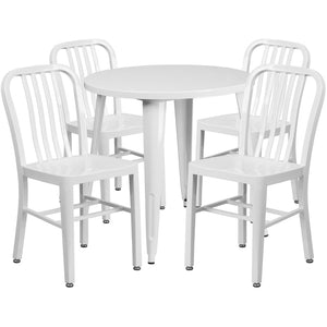 English Elm Chad Commercial Grade Metal Indoor-Outdoor Table Set with 4 Stylish Vertical Slat Back Chairs White 30" Round CH-51090TH-4-18VRT-WH-GG
