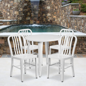 English Elm Chad Commercial Grade Metal Indoor-Outdoor Table Set with 4 Stylish Vertical Slat Back Chairs White 30" Round CH-51090TH-4-18VRT-WH-GG