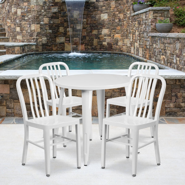 English Elm Chad Commercial Grade Metal Indoor-Outdoor Table Set with 4 Stylish Vertical Slat Back Chairs White 30" Round CH-51090TH-4-18VRT-WH-GG
