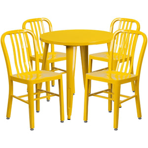 English Elm Chad Commercial Grade Metal Indoor-Outdoor Table Set with 4 Stylish Vertical Slat Back Chairs Yellow 30" Round CH-51090TH-4-18VRT-YL-GG