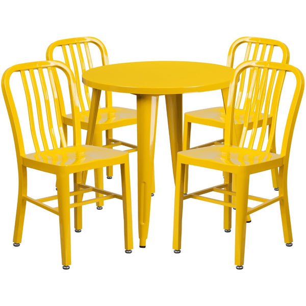 English Elm Chad Commercial Grade Metal Indoor-Outdoor Table Set with 4 Stylish Vertical Slat Back Chairs Yellow 30" Round CH-51090TH-4-18VRT-YL-GG