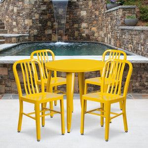 English Elm Chad Commercial Grade Metal Indoor-Outdoor Table Set with 4 Stylish Vertical Slat Back Chairs Yellow 30" Round CH-51090TH-4-18VRT-YL-GG