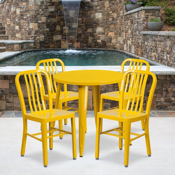 English Elm Chad Commercial Grade Metal Indoor-Outdoor Table Set with 4 Stylish Vertical Slat Back Chairs Yellow 30" Round CH-51090TH-4-18VRT-YL-GG