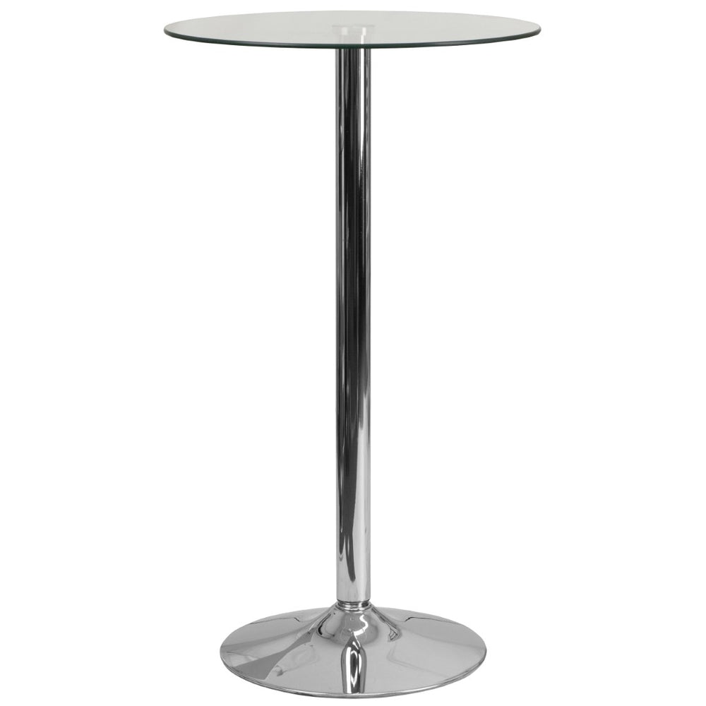English Elm Kenneth 23.5'' Round Glass Bar Table with Chrome Base – Sleek, Modern Design for Events & Home Use CH-6-GG