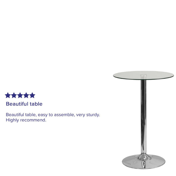 English Elm Kenneth 23.5'' Round Glass Bar Table with Chrome Base – Sleek, Modern Design for Events & Home Use CH-6-GG