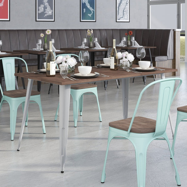 English Elm Kenneth Sturdy Rectangular Metal Table with Walnut Top – Perfect for Dining, Cafes, and Kitchens Silver 30.25"W x 60"L CH-61010-29M1-SIL-GG