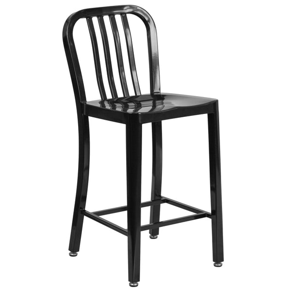 English Elm Gael Commercial-Grade 24" High Metal Counter Stool with Vertical Slat Back for Indoor & Outdoor Use Black CH-61200-24-BK-GG