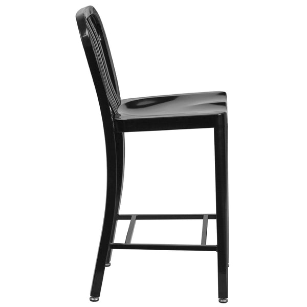 English Elm Gael Commercial-Grade 24" High Metal Counter Stool with Vertical Slat Back for Indoor & Outdoor Use Black CH-61200-24-BK-GG