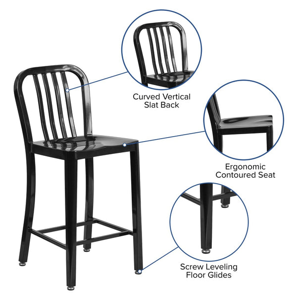 English Elm Gael Commercial-Grade 24" High Metal Counter Stool with Vertical Slat Back for Indoor & Outdoor Use Black CH-61200-24-BK-GG