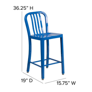 English Elm Gael Commercial-Grade 24" High Metal Counter Stool with Vertical Slat Back for Indoor & Outdoor Use Blue CH-61200-24-BL-GG