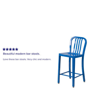 English Elm Gael Commercial-Grade 24" High Metal Counter Stool with Vertical Slat Back for Indoor & Outdoor Use Blue CH-61200-24-BL-GG