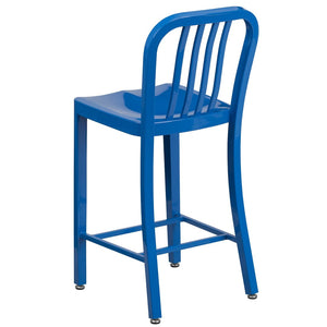 English Elm Gael Commercial-Grade 24" High Metal Counter Stool with Vertical Slat Back for Indoor & Outdoor Use Blue CH-61200-24-BL-GG