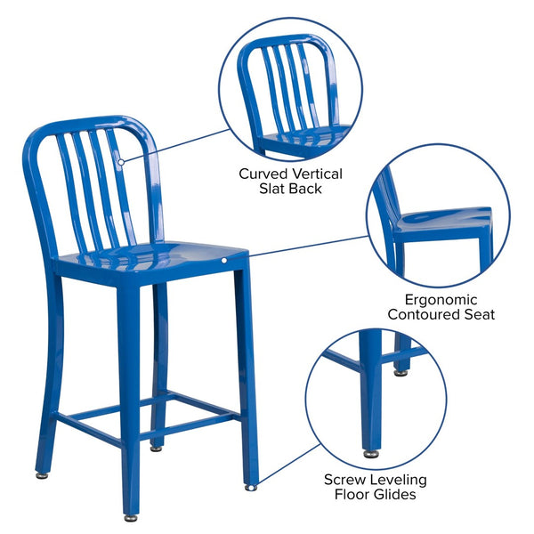 English Elm Gael Commercial-Grade 24" High Metal Counter Stool with Vertical Slat Back for Indoor & Outdoor Use Blue CH-61200-24-BL-GG
