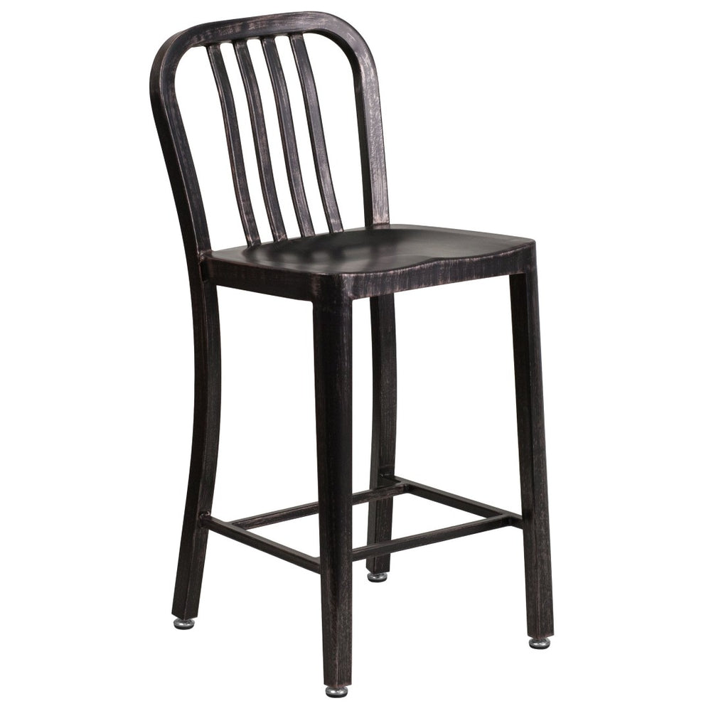 English Elm Gael Commercial-Grade 24" High Metal Counter Stool with Vertical Slat Back for Indoor & Outdoor Use Black-Antique Gold CH-61200-24-BQ-GG